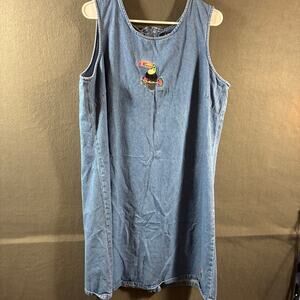 VTG women denim dress 1x embroidered bird toucan novelty boho vacation 90s mom